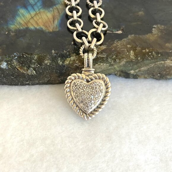 Sterling Silver 925 HN Heng Ngai Pave Diamond Heart Rolo Chain Necklace 17" - Picture 3 of 16